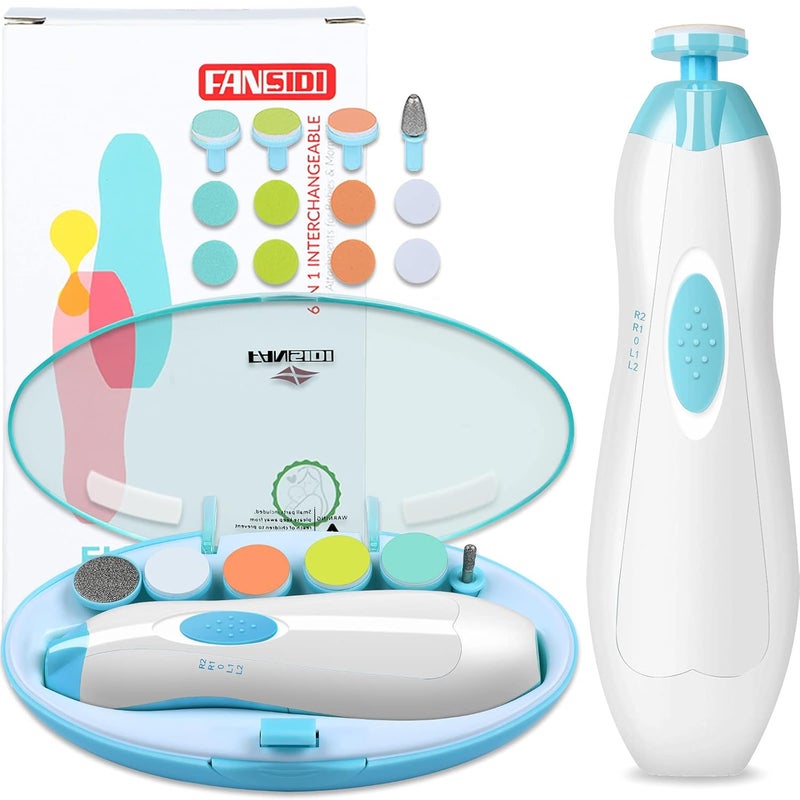 FANSIDI Baby Nail Clippers, Safe Baby Nail Trimmer Baby Nail File Electric with 10 Filing Pads 8 Sandpapers for Newborn Infant Toddler or Adult Toes Fingernails Care - AA Battery Operated (White/Blue) - Image 1
